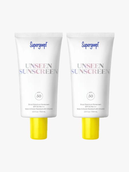 Supergoop Unseen Sunscreen Broad Spectrum SPF 50 Duo in branded components on a light gray background