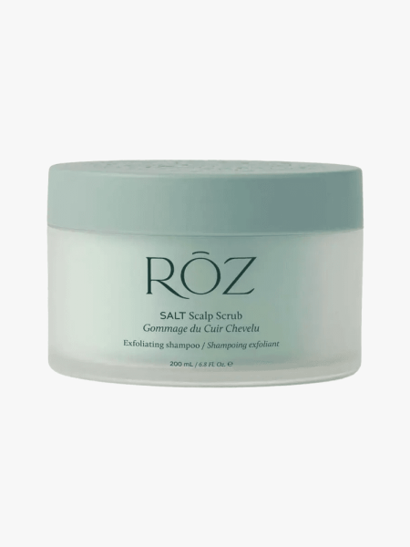 Rōz Salt Scalp Scrub Exfoliating Shampoo in branded tub component on a light gray background