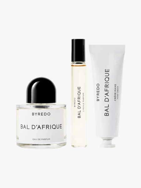 Byredo Bal d'Afrique Eau de Parfum Set in multiple branded components on a light gray background