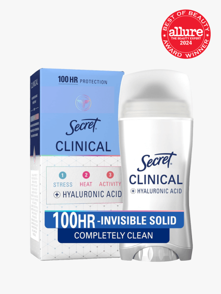 Secret Clinical Strength Completely Clean Invisible Solid in branded component on a light gray background with the best of beauty 2024 seal in the top right corner