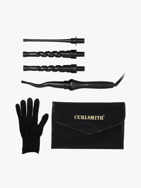 Curlsmith Defrizzion Curl Reviving Wand in multiple branded components on a light gray background