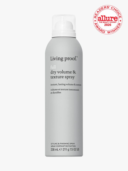 Grey spray bottle of Living Proof Full Dry Volume Texture Spray on white background