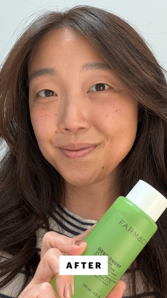 Allure contributing commerce writer Christa Joanna Lee before applying the Farmacy 2 BHA Pore Cleaning Toner