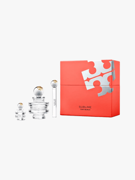 Tory Burch Sublime Eau de Parfum Set in multiple branded components on a light gray background