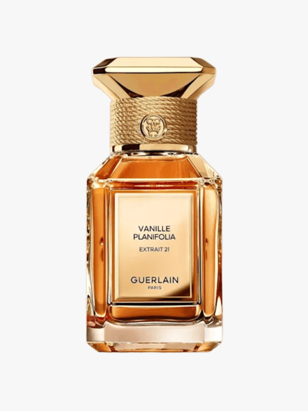 A bottle of Guerlain Vanille Planifolia Extrait 21 on a light gray background