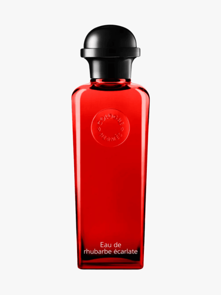 Hermès Eau de Rhubarbe Écarlate in branded component on a light gray background