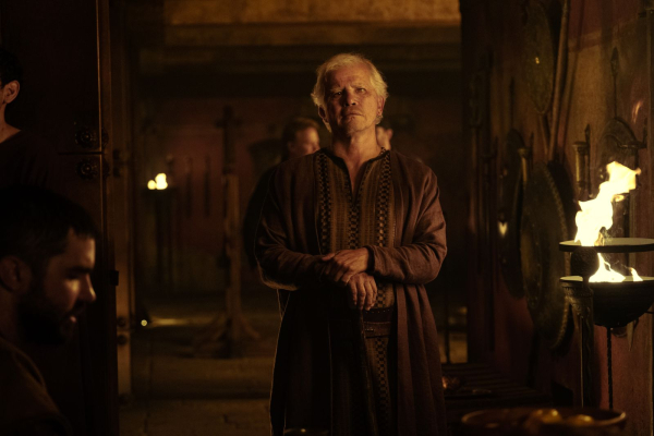John Leguizamo is Eumaeus in THE ODYSSEY aged with white hair and eyebrows.