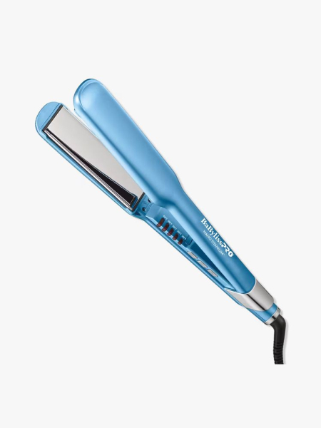 Blue and gray BabylissPro Nano Titanium Ultra-Sleek Hair Straightener on light gray background