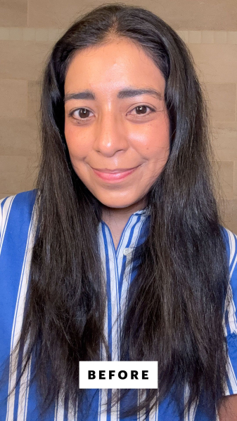 Alessandra Foresto before using the T3 SinglePass StyleMax Flat Iron