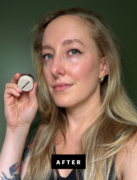 Kara McGrath holding up a pot of gel eyeliner
