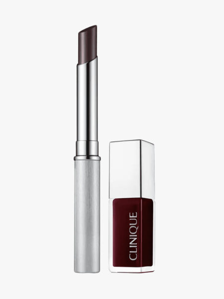 Clinique Black Honey Almost Lipstick & Pop Lip + Cheek Oil Gift Set in branded components on a light gray background