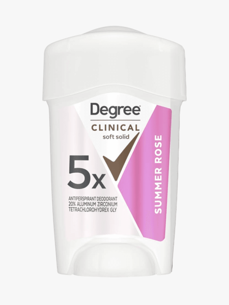Degree Clinical Strength Antiperspirant in branded component on a light gray background