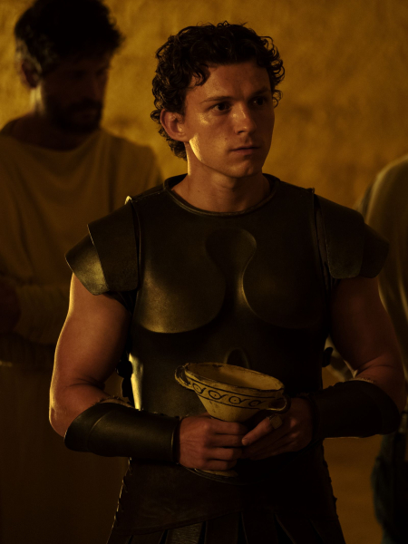 Tom Holland's curls were enhanced with mousse for his role as Telemachus.