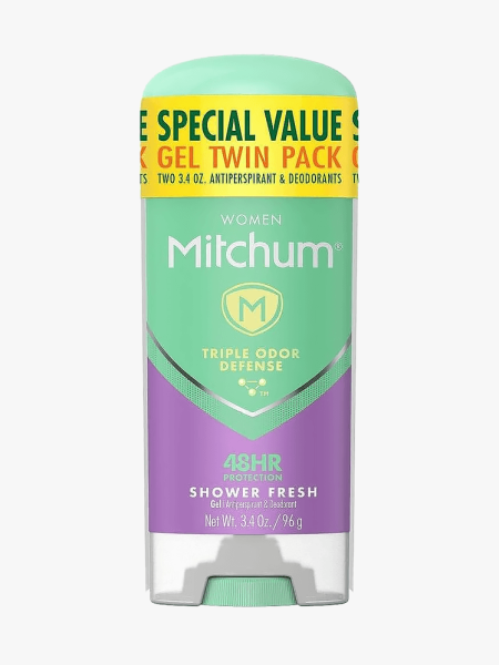 Mitchum Triple Odor Defense Antiperspirant Gel in bright green and purple packaging on light gray background