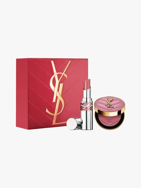 Yves Saint Laurent Beauty Make Me Blush & Loveshine Lip Oil Stick 2-Piece Makeup Gift Set in branded component on a light gray background