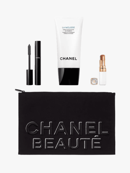 Chanel Most-Coveted Beauty Set in multiple branded components on a light gray background