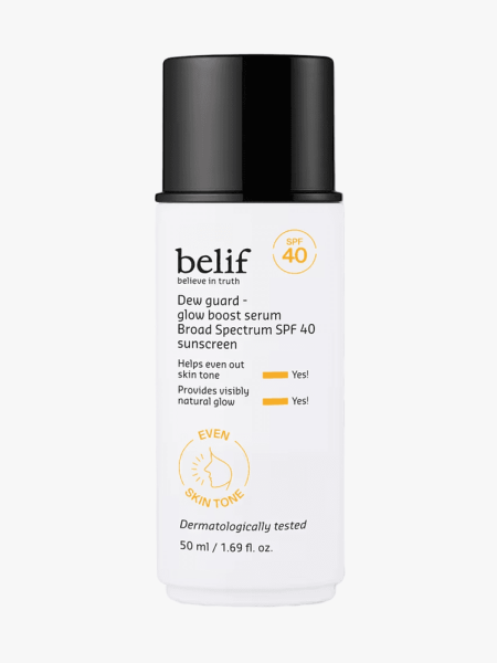 Belif Dew Guard Glow Boost Serum SPF 40 in branded component on a light gray background