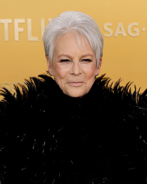 Jamie Lee Curtis wearing a feathery black dress
