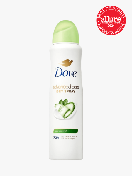 Dove Advanced Care Dry Spray Antiperspirant in branded component on a light gray background with the best of beauty 2024 seal in the top right corner