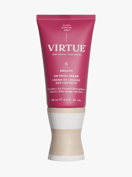Virtue Un-Frizz Hair Styling & Smoothing Cream in branded component on a light gray background