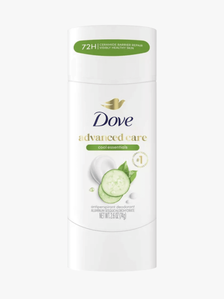 Dove Advanced Care Cool Essentials Antiperspirant Deodorant in branded component on a light gray background